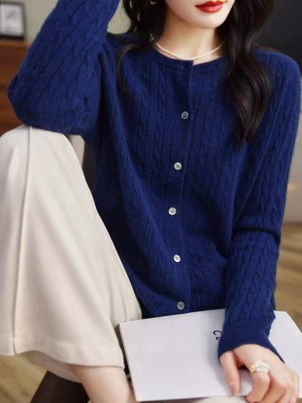 Womens Sweaters + Cardigans |  Crewneck Cardigan In Cable Knit Linen Clothing nocturne navy