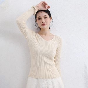 Womens Sweaters + Cardigans |  Rib Knit V-Neck Sweater In Slub Cotton Blend Clothing parchment